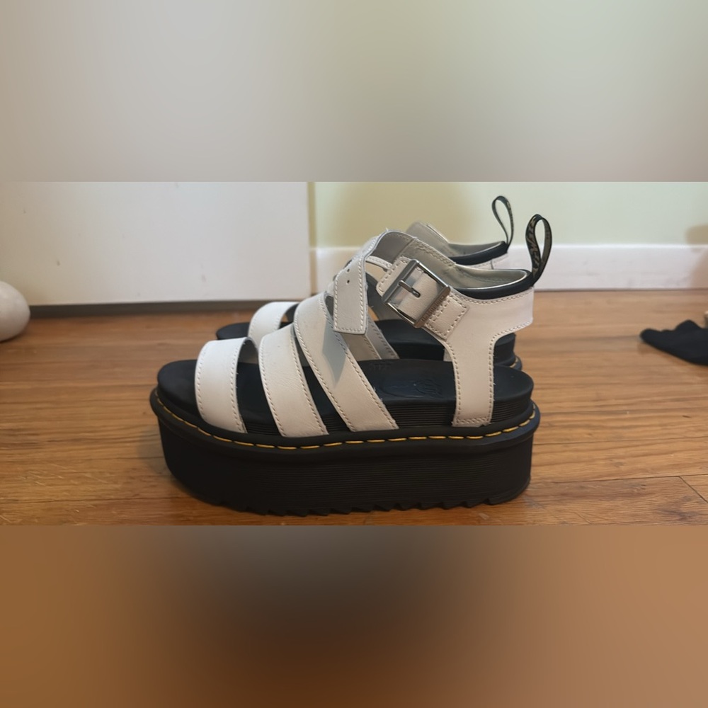 Dr. Martens Black and White Platform Sandals with Buckle Closure